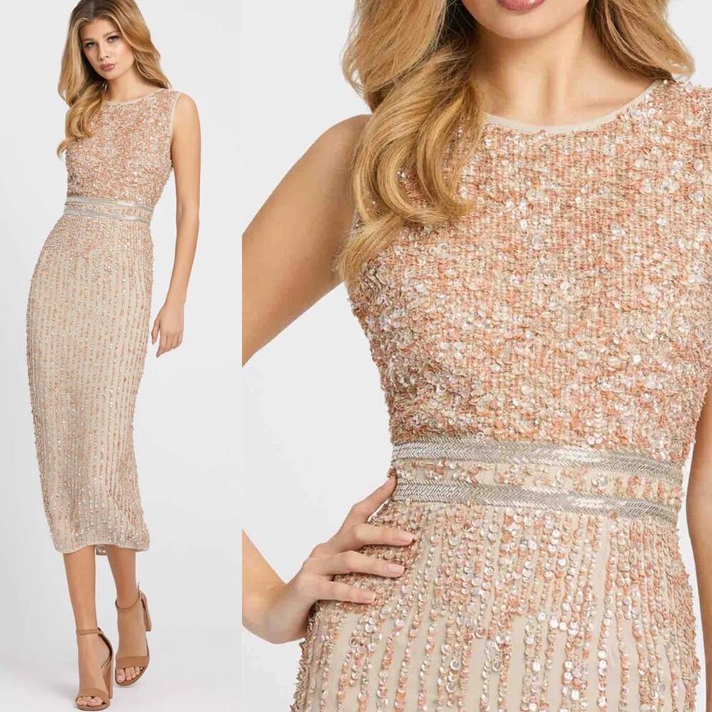 Mac Duggal Beaded Sleeveless High Neck Midi Sheath Dress Style #10509 Size 4